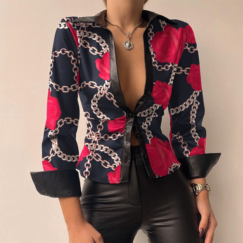 Viviana™ | Blusa in PU Pelle Patchwork con Scollo a V e Maniche Lunghe