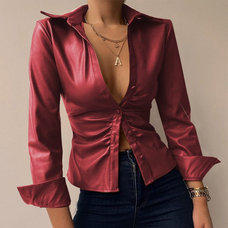 Viviana™ | Blusa in PU Pelle Patchwork con Scollo a V e Maniche Lunghe