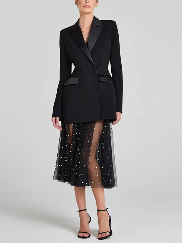 Viviana™| Blazer reversibile in satin nero con doppia fila di bottoni