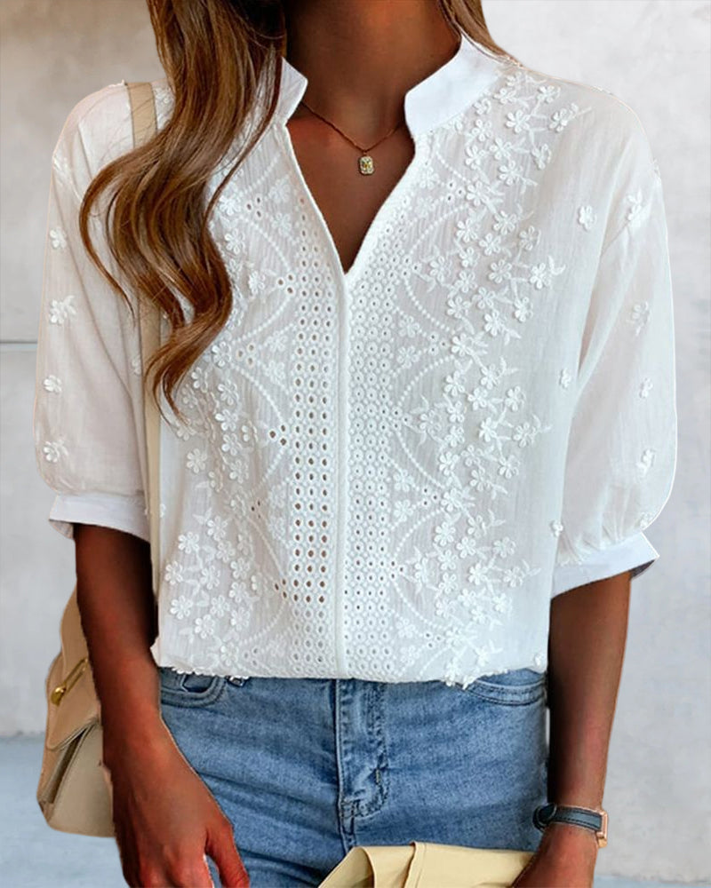 Viviana™ | Blusa con Scollo a V, Maniche a Sbuffo e Dettagli in Pizzo