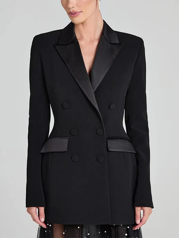 Viviana™| Blazer reversibile in satin nero con doppia fila di bottoni