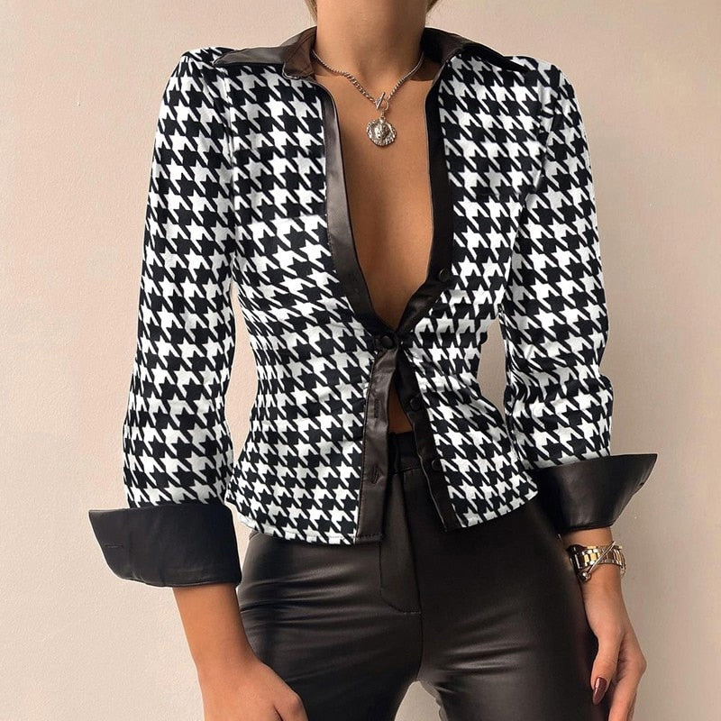 Viviana™ | Blusa in PU Pelle Patchwork con Scollo a V e Maniche Lunghe