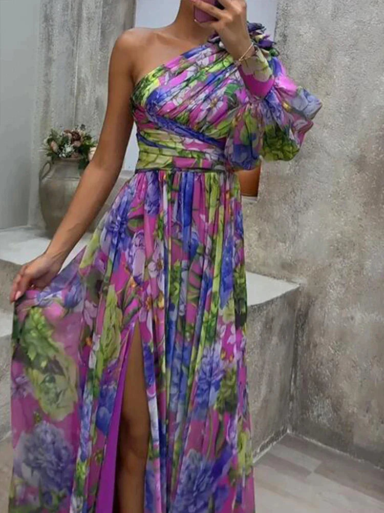 Viviana™ | Abito Floreale Asimmetrico dai Colori Vivaci