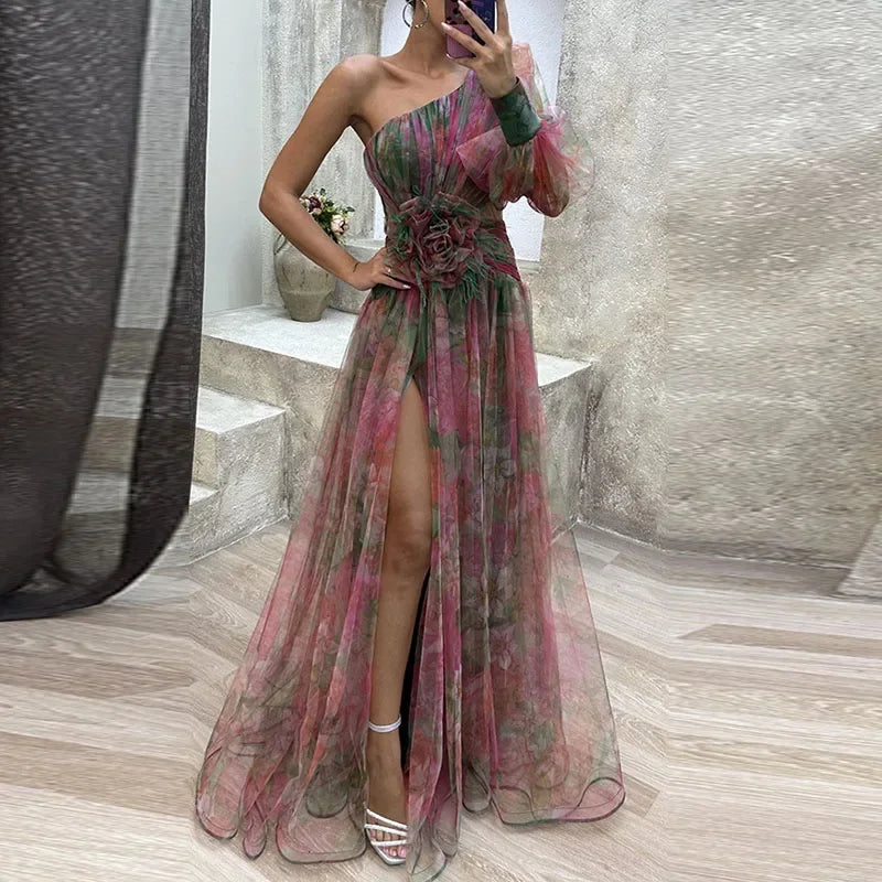 Viviana™ | Abito da Sera Asimmetrico con Fiore Decorativo