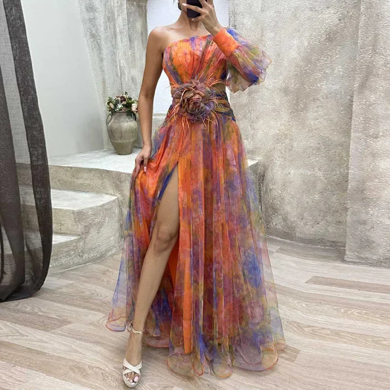 Viviana™ | Abito da Sera Asimmetrico con Fiore Decorativo