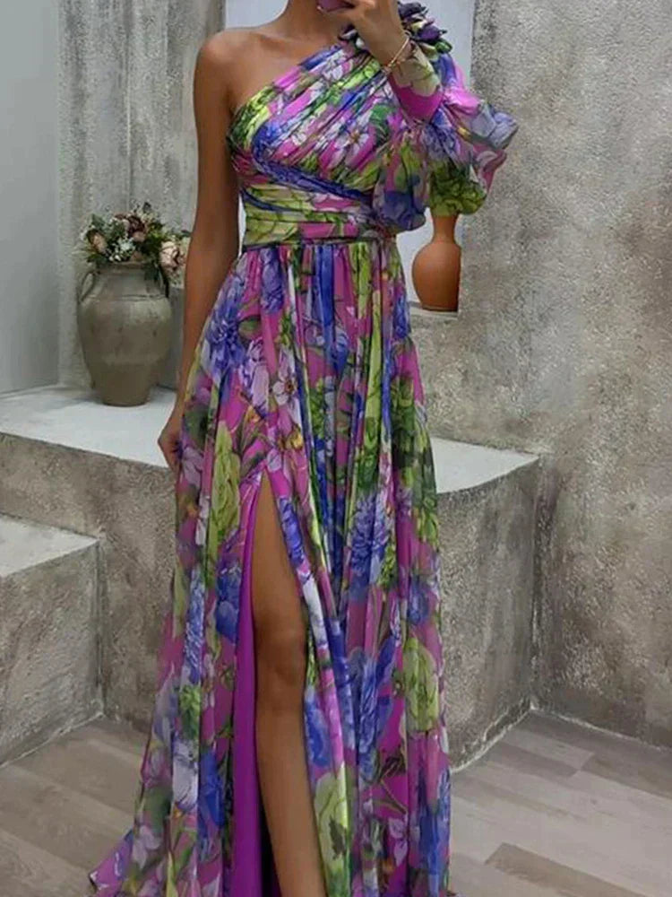 Viviana™ | Abito Floreale Asimmetrico dai Colori Vivaci