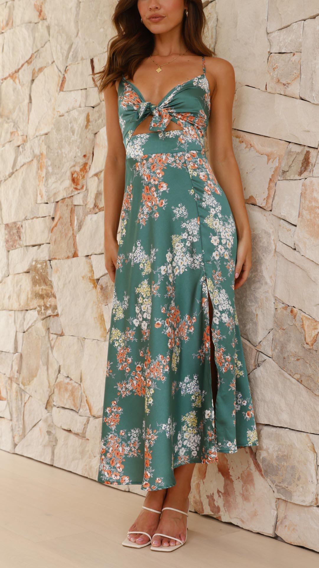 Viviana™ | Abito Midi in Satin con Fiori e Spacco