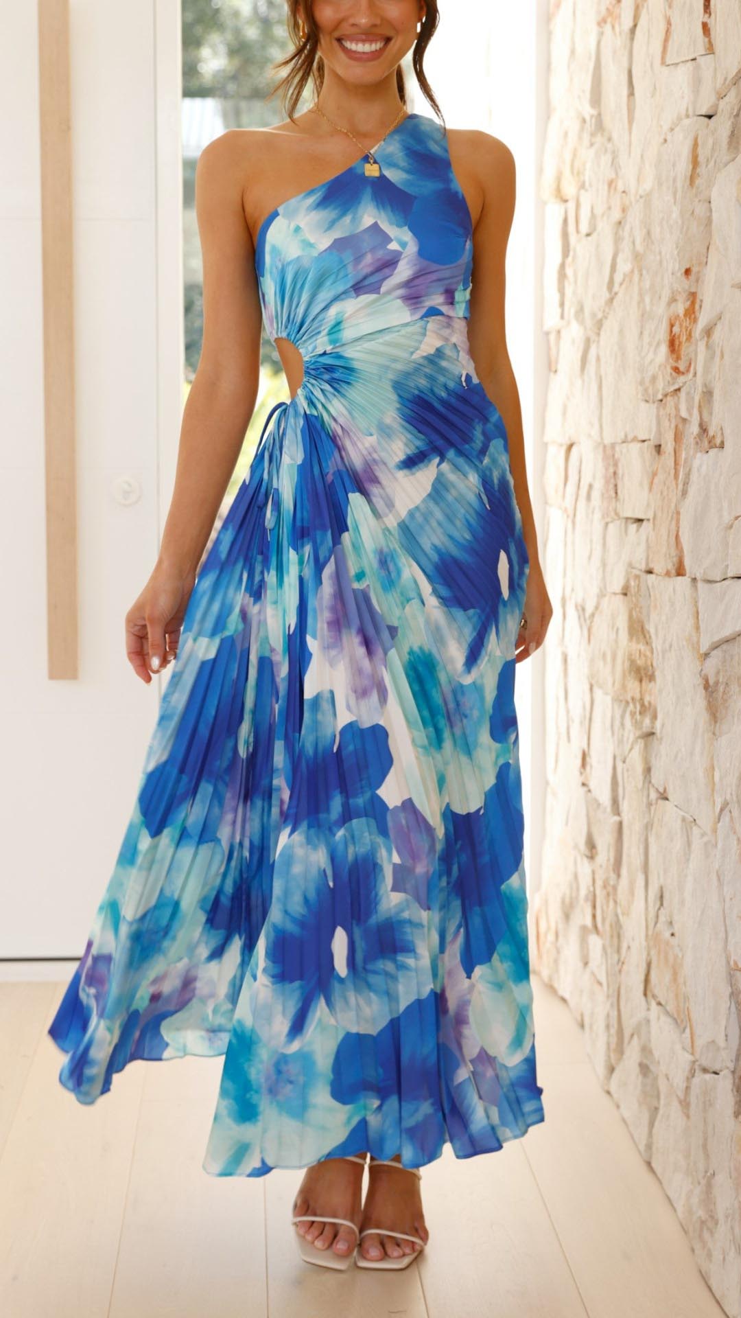 Viviana™ | Abito Maxi a Spalla Unica con Pieghe Floreali