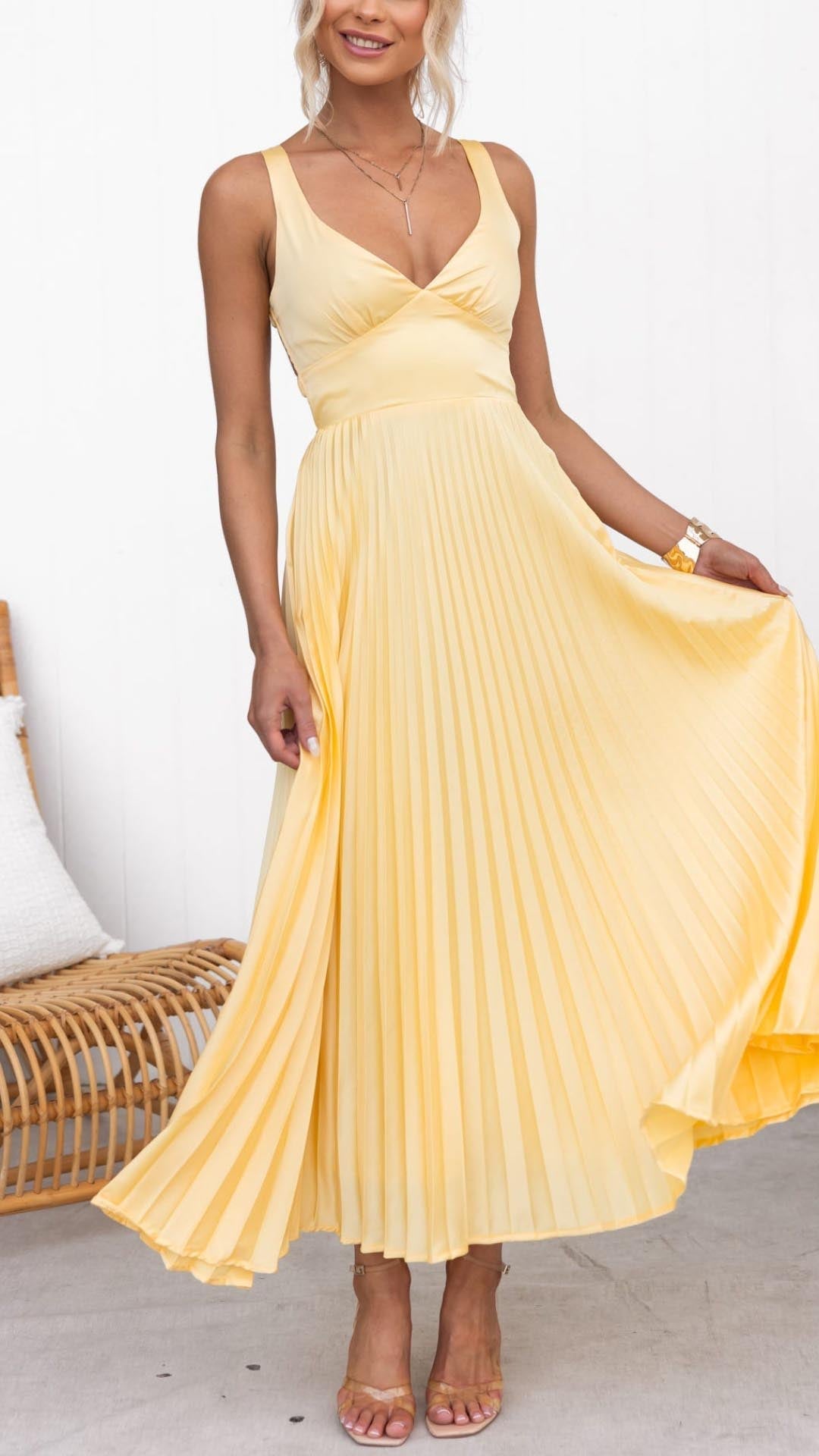 Viviana™ | Abito Maxi Plissettato con Scollatura a V