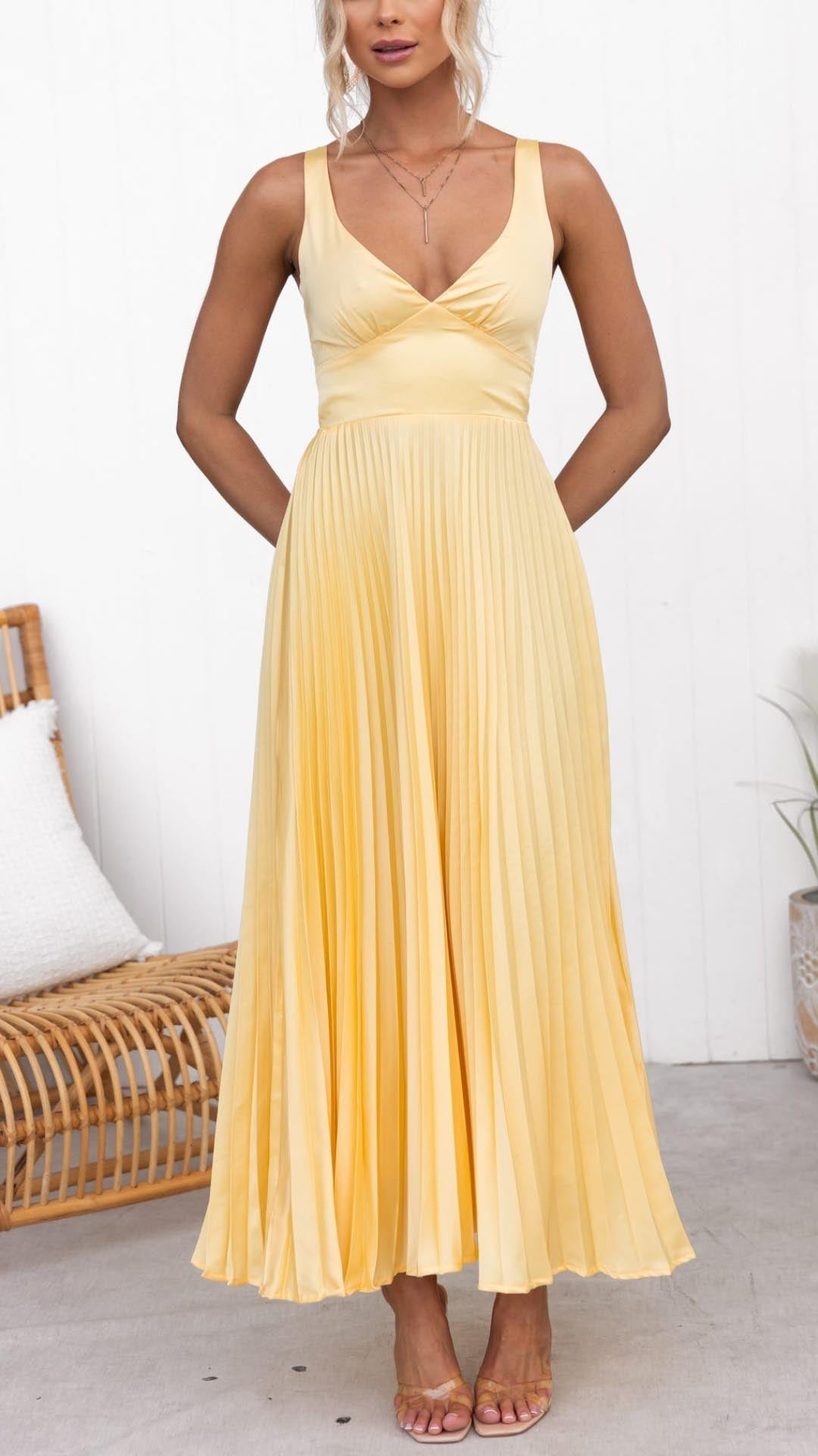 Viviana™ | Abito Maxi Plissettato con Scollatura a V